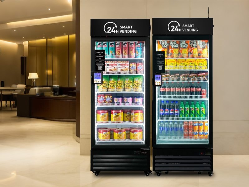 Two 24H smart vending machines stocked with snacks and beverages in a modern lobby